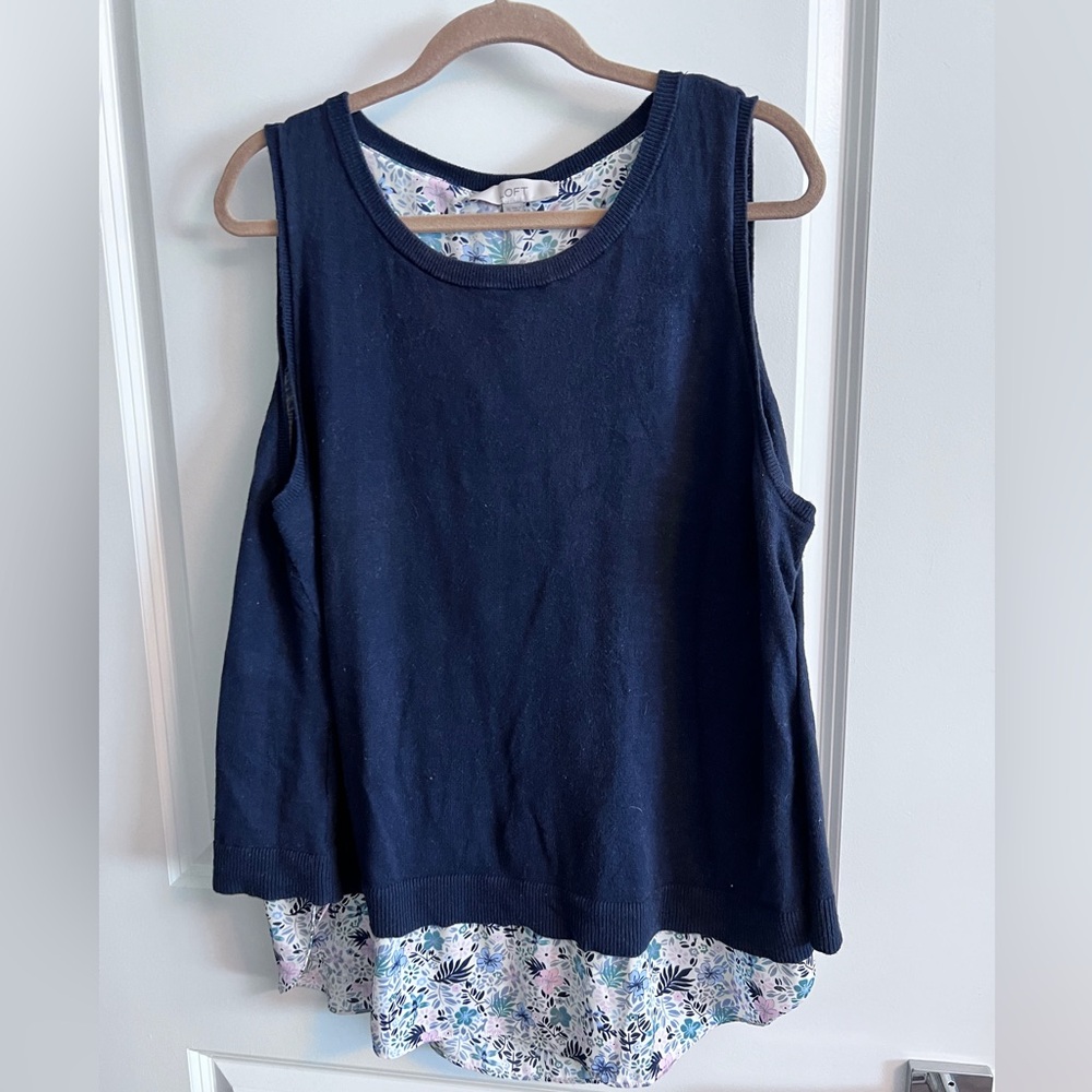 LOFT Navy Blue Sleeveless Blouse with Floral Hem